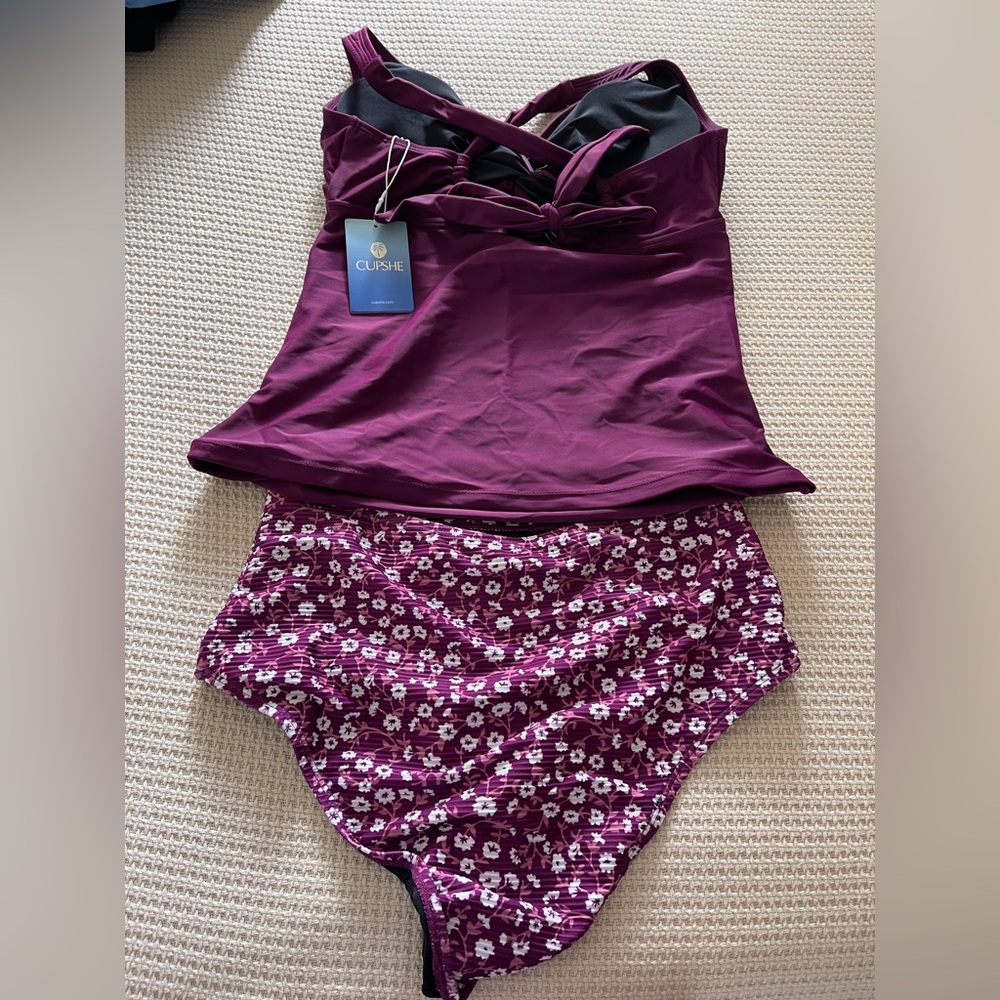 Cupshe NWT Plum Floral Bandeau Tankini Set